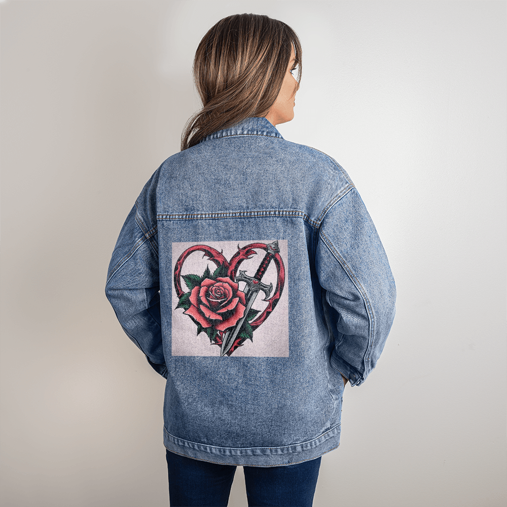 Rose & Dagger Jean Jacket – Fierce Love Symbol | Gothic Romance Jacket