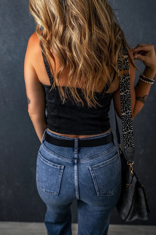 Acid Wash Buttoned Cropped Slim Denim Tank Top
