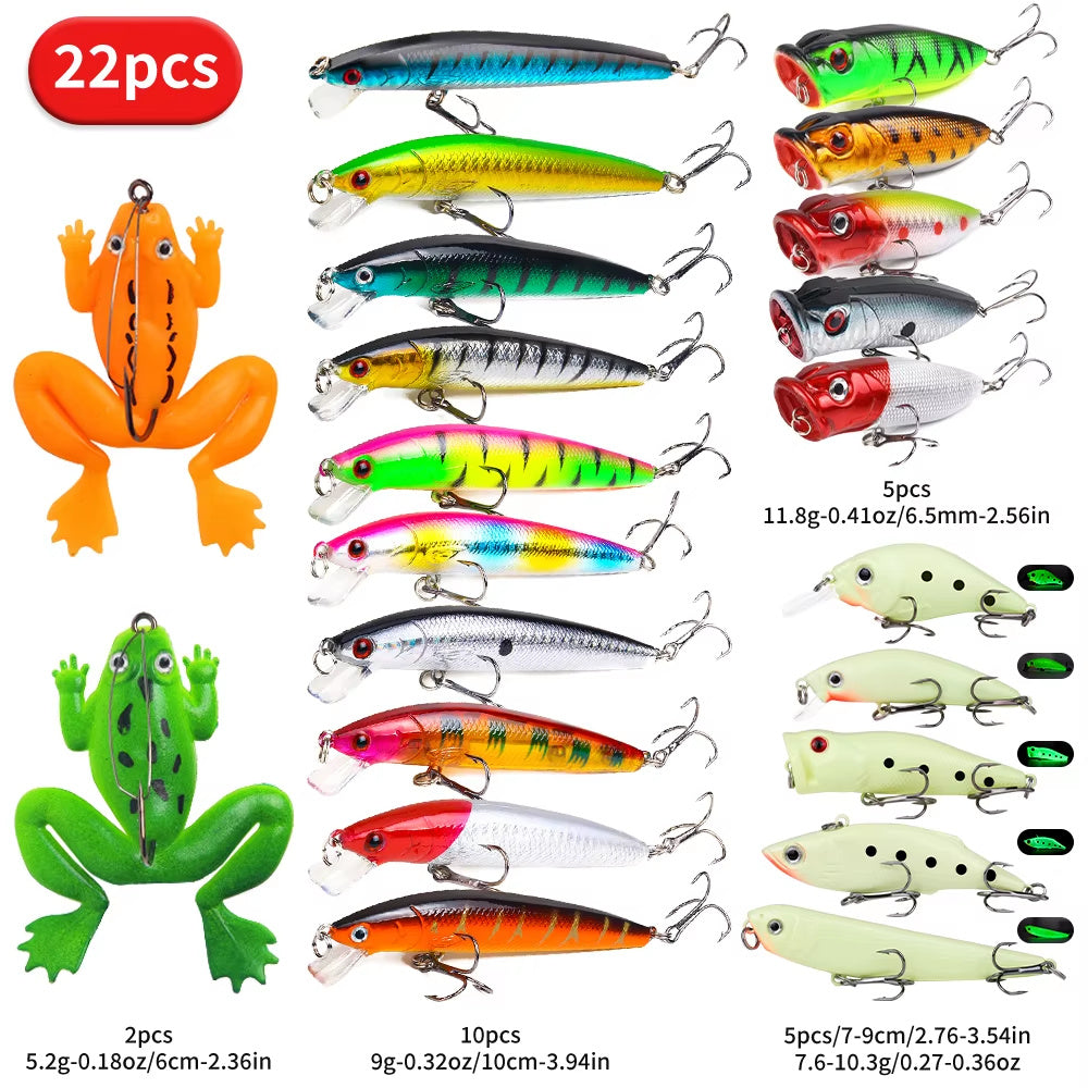 22pc Lure Kit – Hard & Soft Baits, Popper, Minnow, Frog, VIB, Pencil | Topwater & Midwater Set (Ships from U.S.)