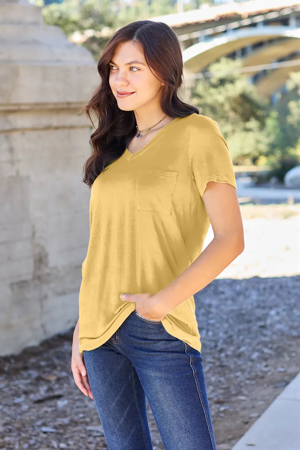 Basic Bae Bamboo Full Size V - Neck Short Sleeve T-Shirt – Yellow by Simply Love