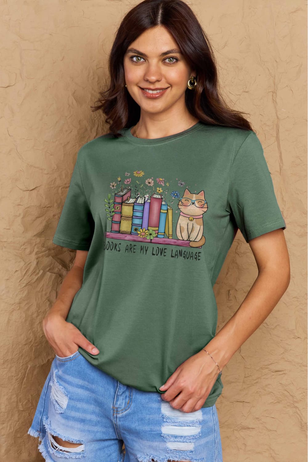 Simply Love Full Size BOOKS ARE MY LOVE LANGUAGE Graphic Cotton Tee – Green by Simply Love