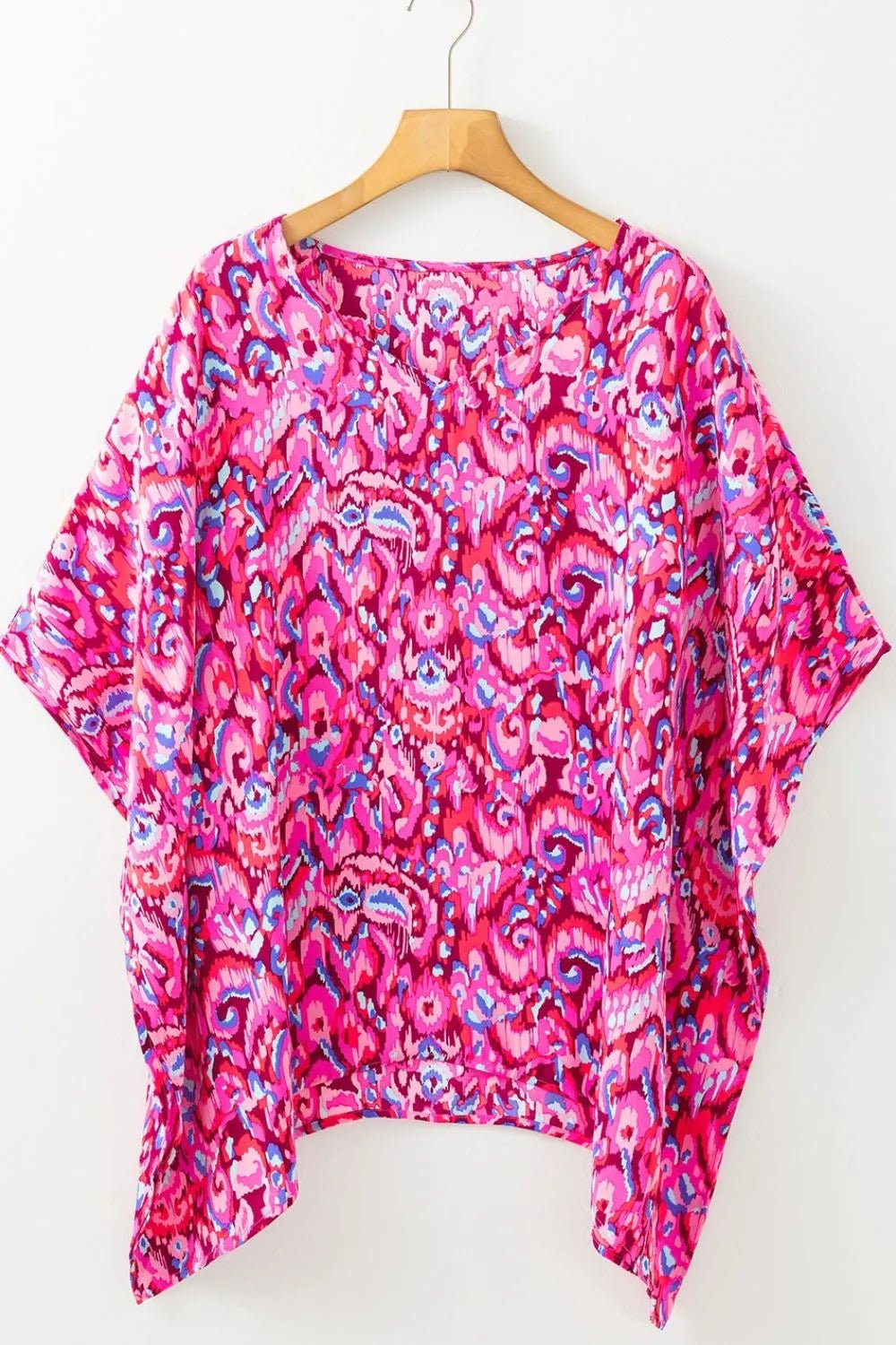 Abstract Print V Neck Half Sleeve Loose Fit Blouse – Fuchsia Pink by Simply Love