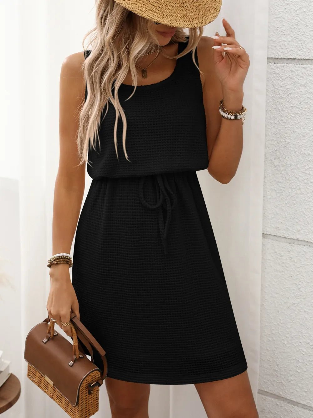 Waffle - Knit Drawstring Mini Tank Dress – Black by Simply Love