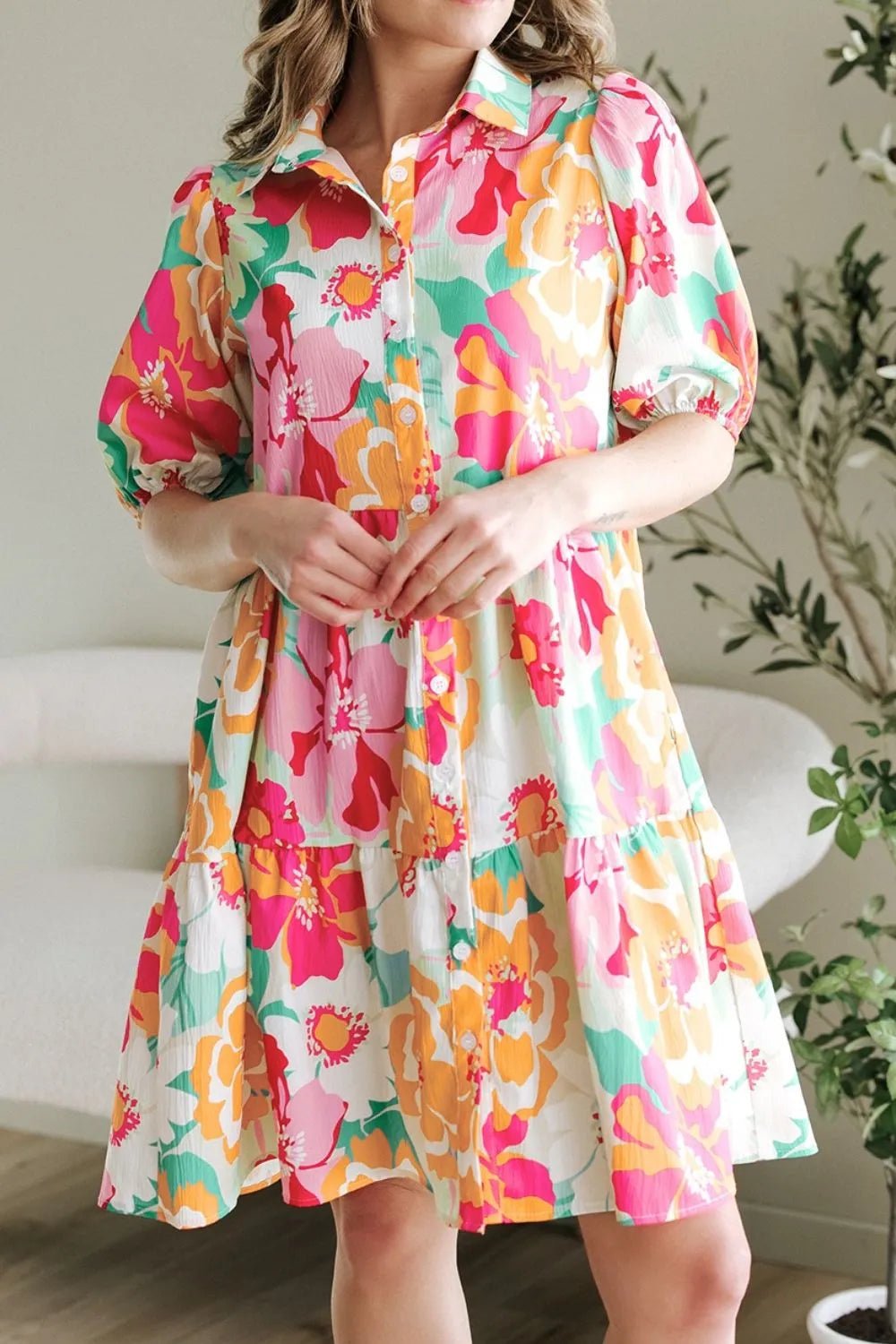 Button Down Floral Puff Sleeve Babydoll Dress – Strawberry by Simply Love