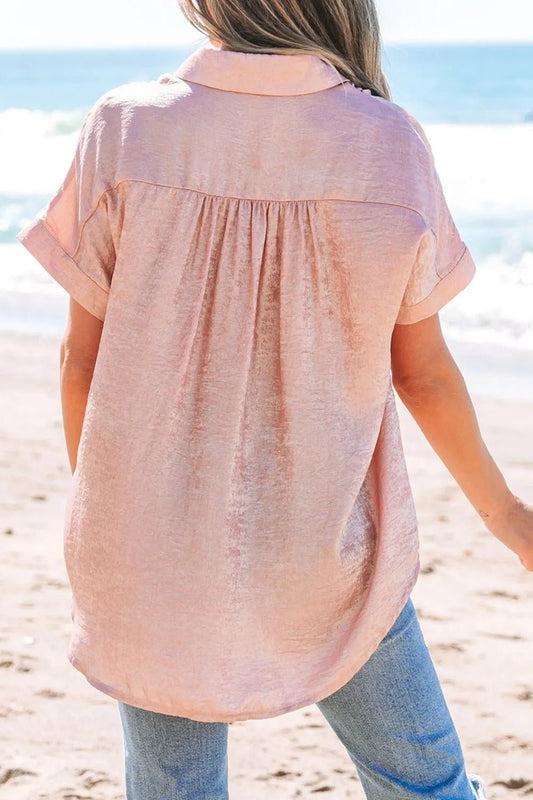 Button Down Short Sleeve Shirt – Pale Blush by Simply Love