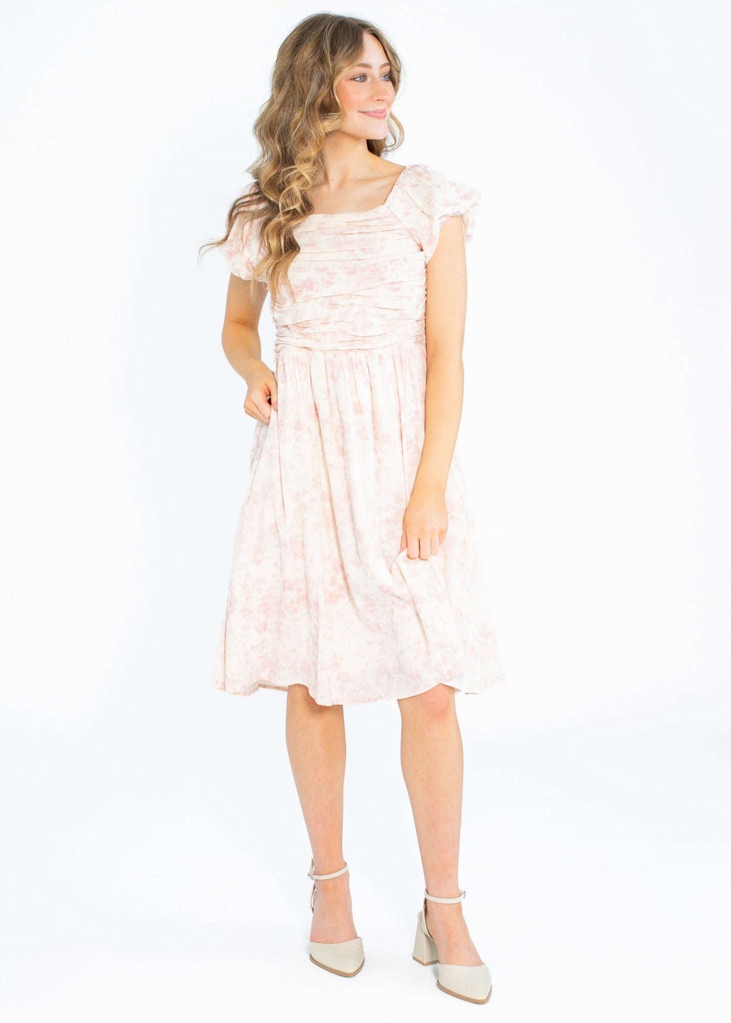 Brienna Ruched Bodice Cap Sleeve Midi Dress