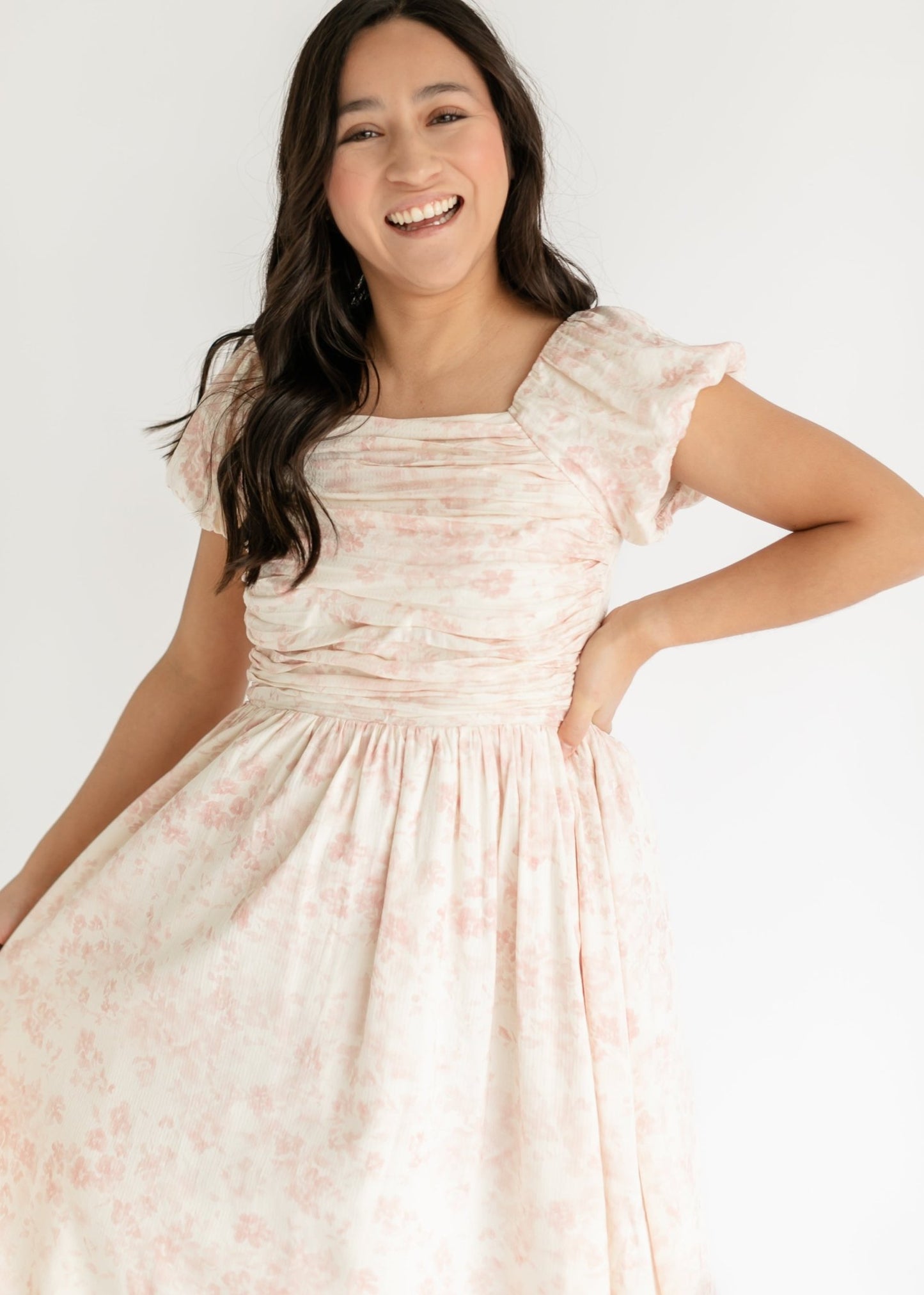 Brienna Ruched Bodice Cap Sleeve Midi Dress