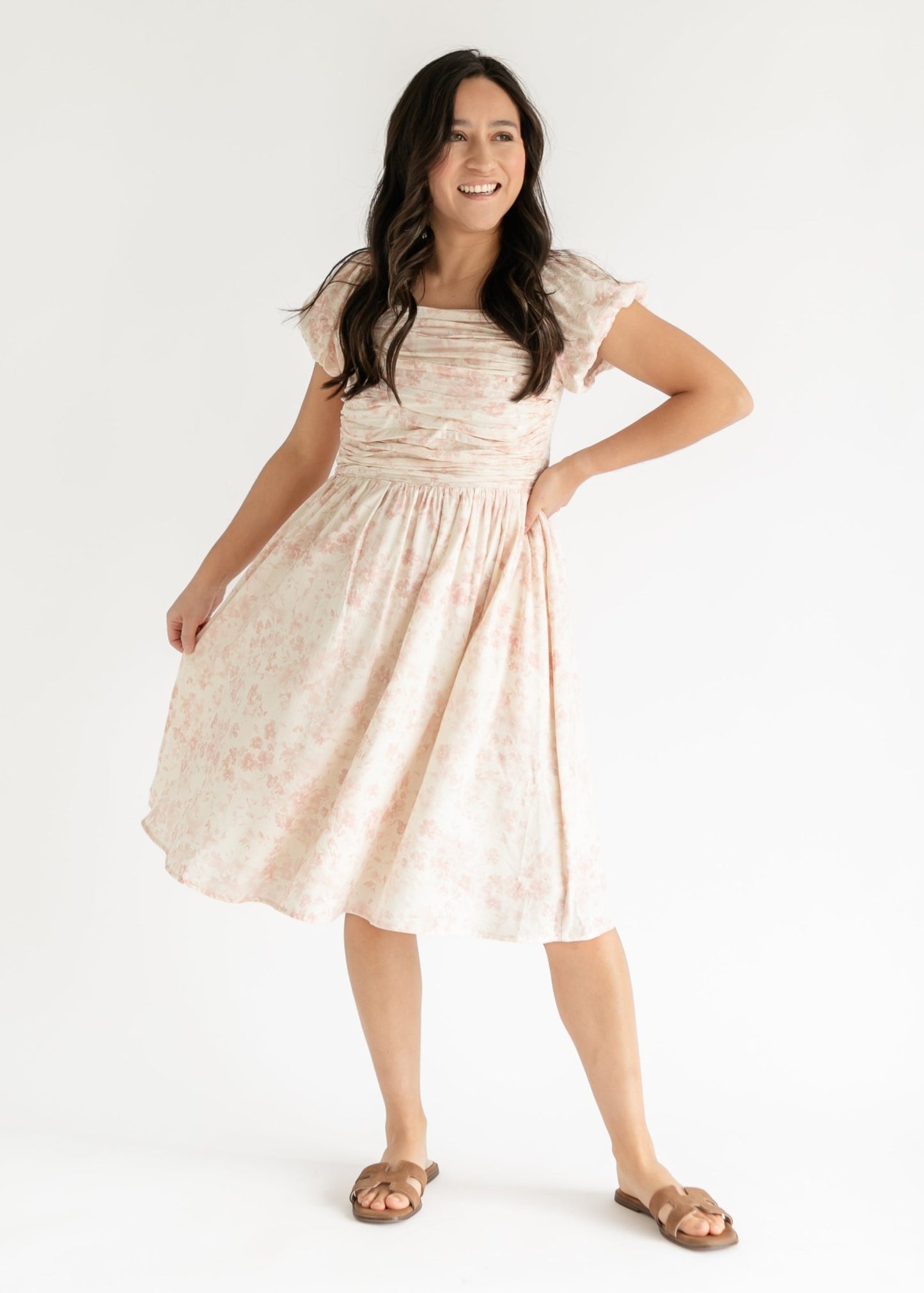 Brienna Ruched Bodice Cap Sleeve Midi Dress
