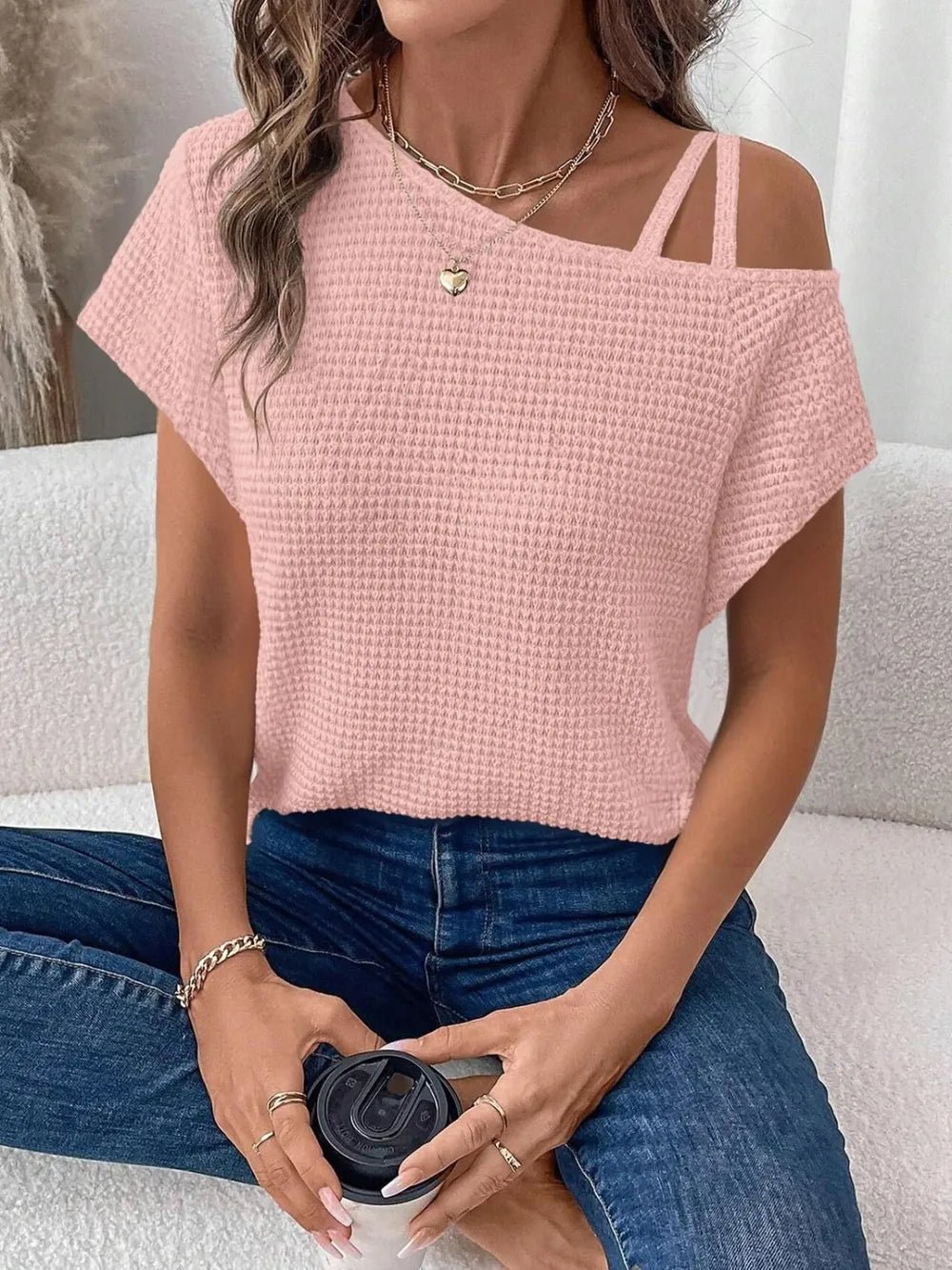 Asymmetrical Neck Short Sleeve T-Shirt – Blush Pink by Simply Love