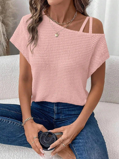 Asymmetrical Neck Short Sleeve T-Shirt – Blush Pink by Simply Love