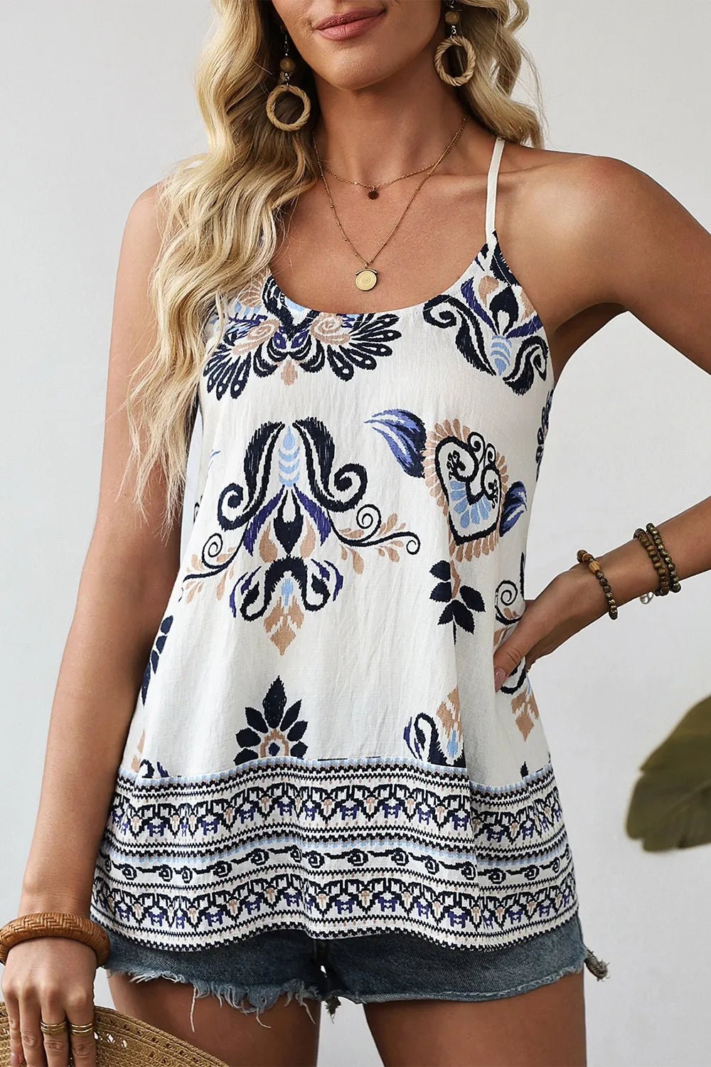 Bohemian Fashion Print Spaghetti Straps Loose Tank – White by Simply Love