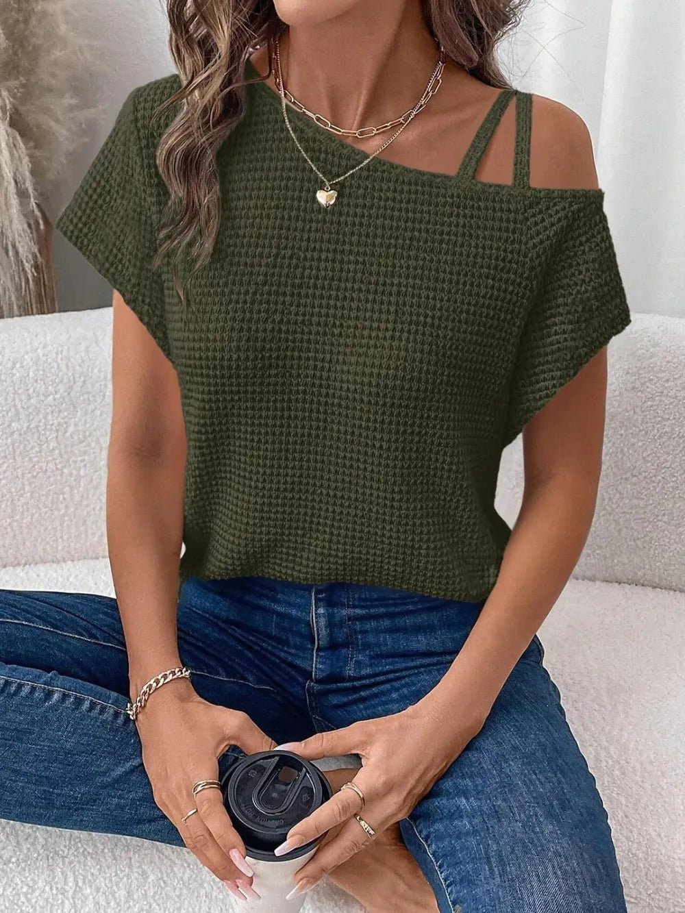 Asymmetrical Neck Short Sleeve T-Shirt – Army Green by Simply Love