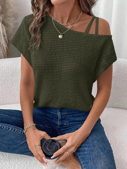 Asymmetrical Neck Short Sleeve T-Shirt – Army Green by Simply Love