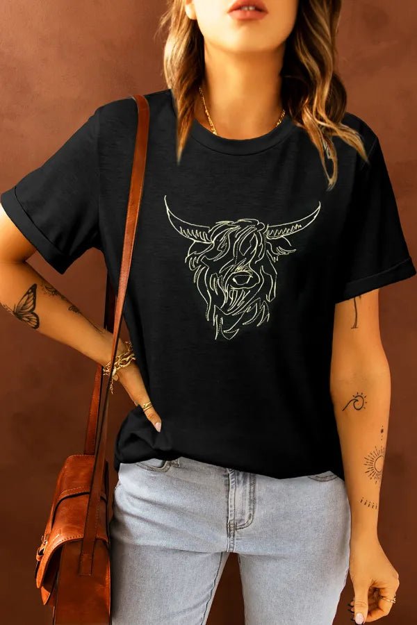Bull Head Embroidered Round Neck T Shirt – Black by Simply Love
