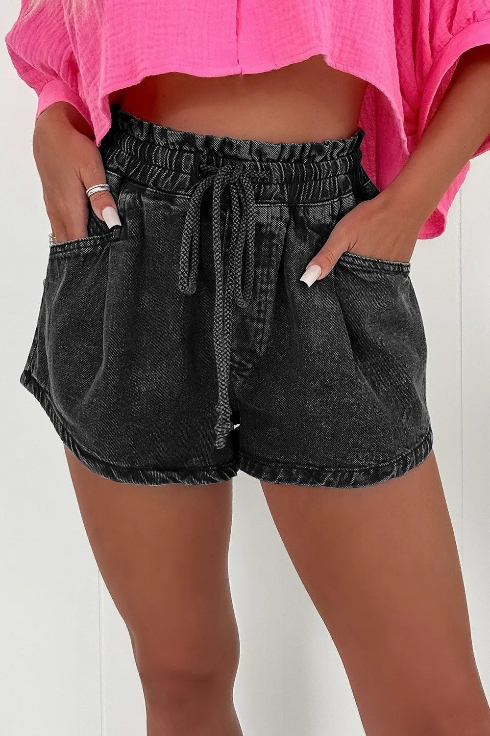 Drawstring High Waist Denim Shorts with Pockets – Black by Simply Love