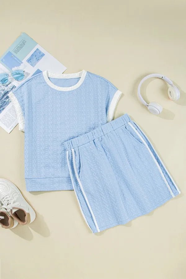 Contrast Trim Textured Crewneck Tee and Pocketed Skirt Set – Light Blue by Simply Love