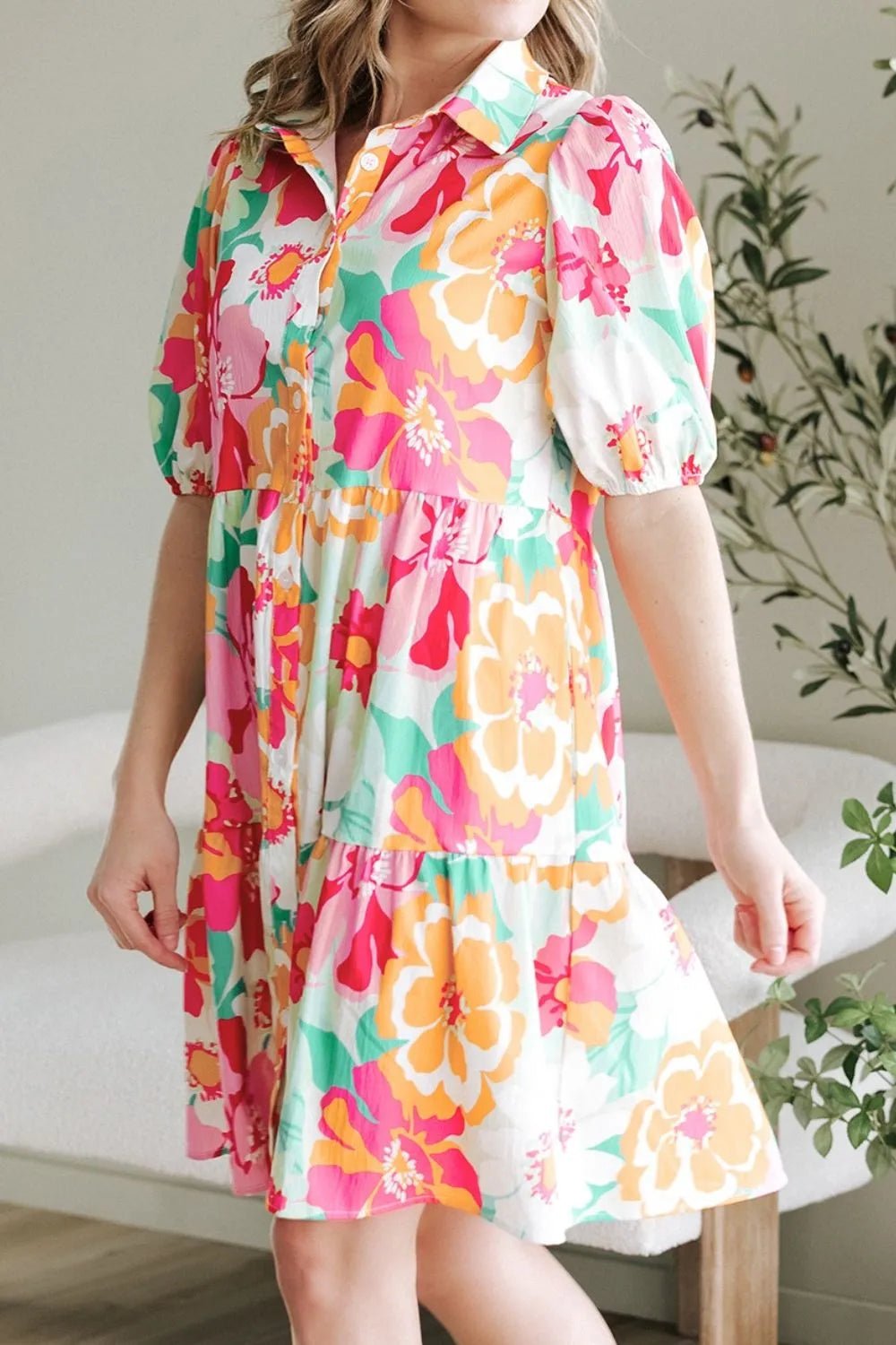 Button Down Floral Puff Sleeve Babydoll Dress – Strawberry by Simply Love