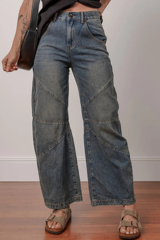Exposed Stitching Loose Straight High Waist Jeans – Dark Navy by Simply Love