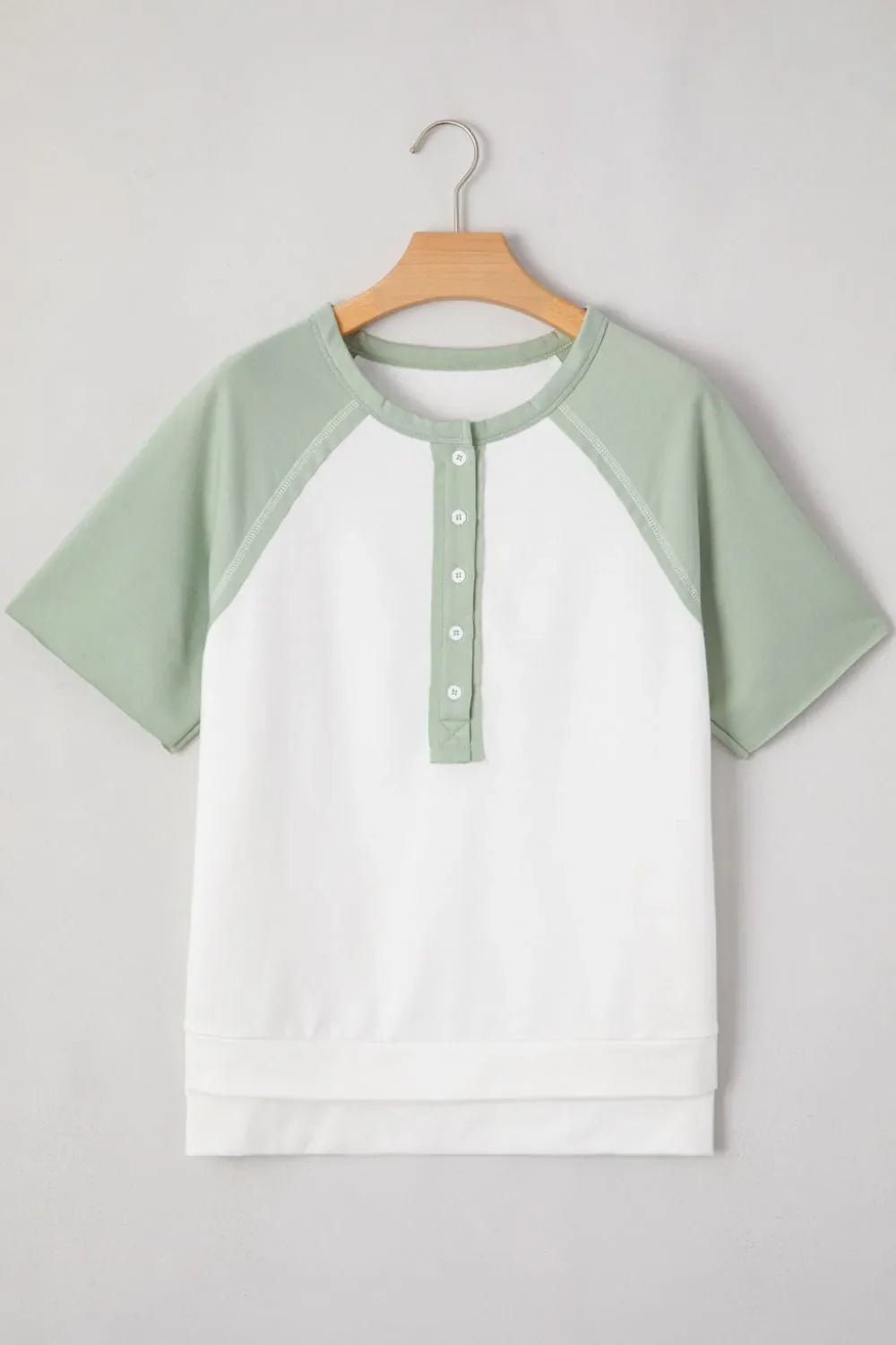Color Block Raglan Short Sleeve Half Buttons High Low T Shirt – Sage by Simply Love
