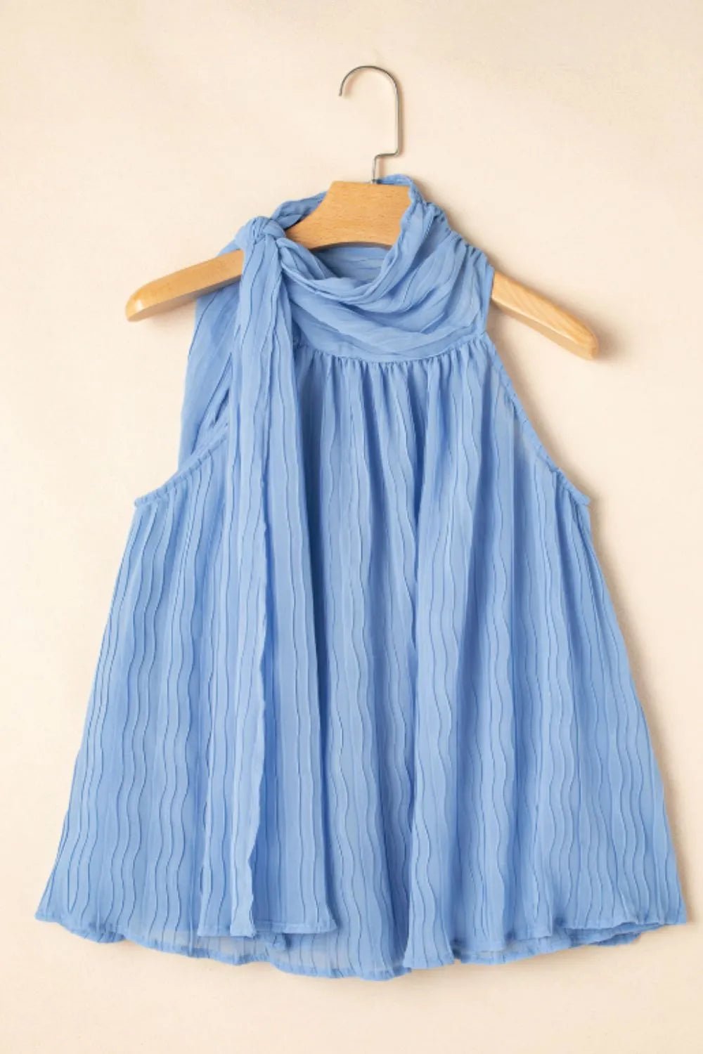 Textured Pleated Tied Mock Neck Flowy Tank Top