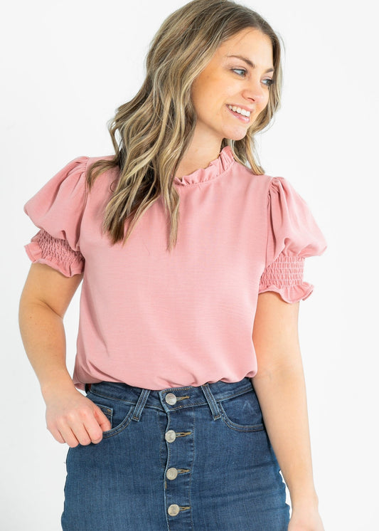 Clara Ruffle Mockneck Short Sleeve Top