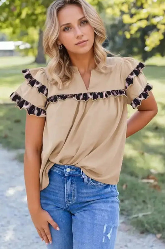 Leopard Frill Short Sleeve Blouse – Khaki by Simply Love