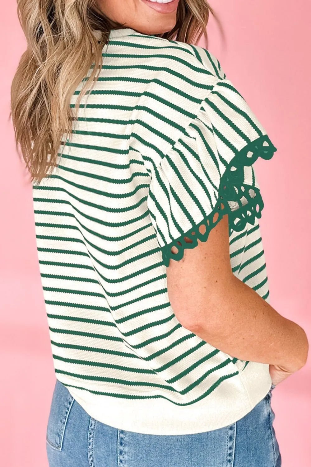 Striped Round Neck Ruffle Sleeve Blouse – Dark Green by Simply Love