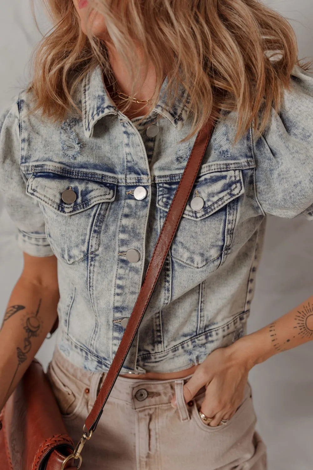 Wash Buttoned Chest Pocket Puff Sleeve Denim Jacket