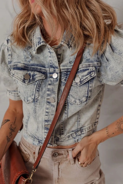 Wash Buttoned Chest Pocket Puff Sleeve Denim Jacket