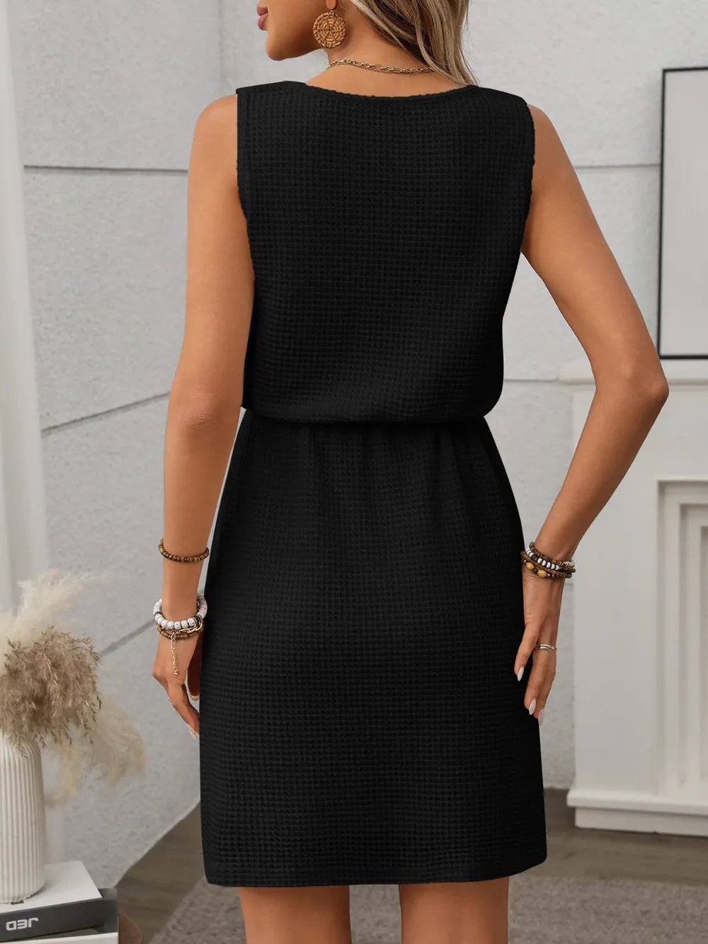 Waffle - Knit Drawstring Mini Tank Dress – Black by Simply Love