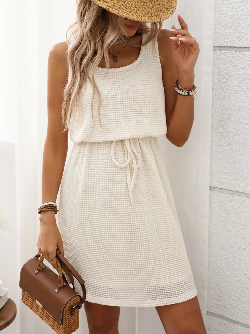 Waffle - Knit Drawstring Mini Tank Dress – Cream by Simply Love