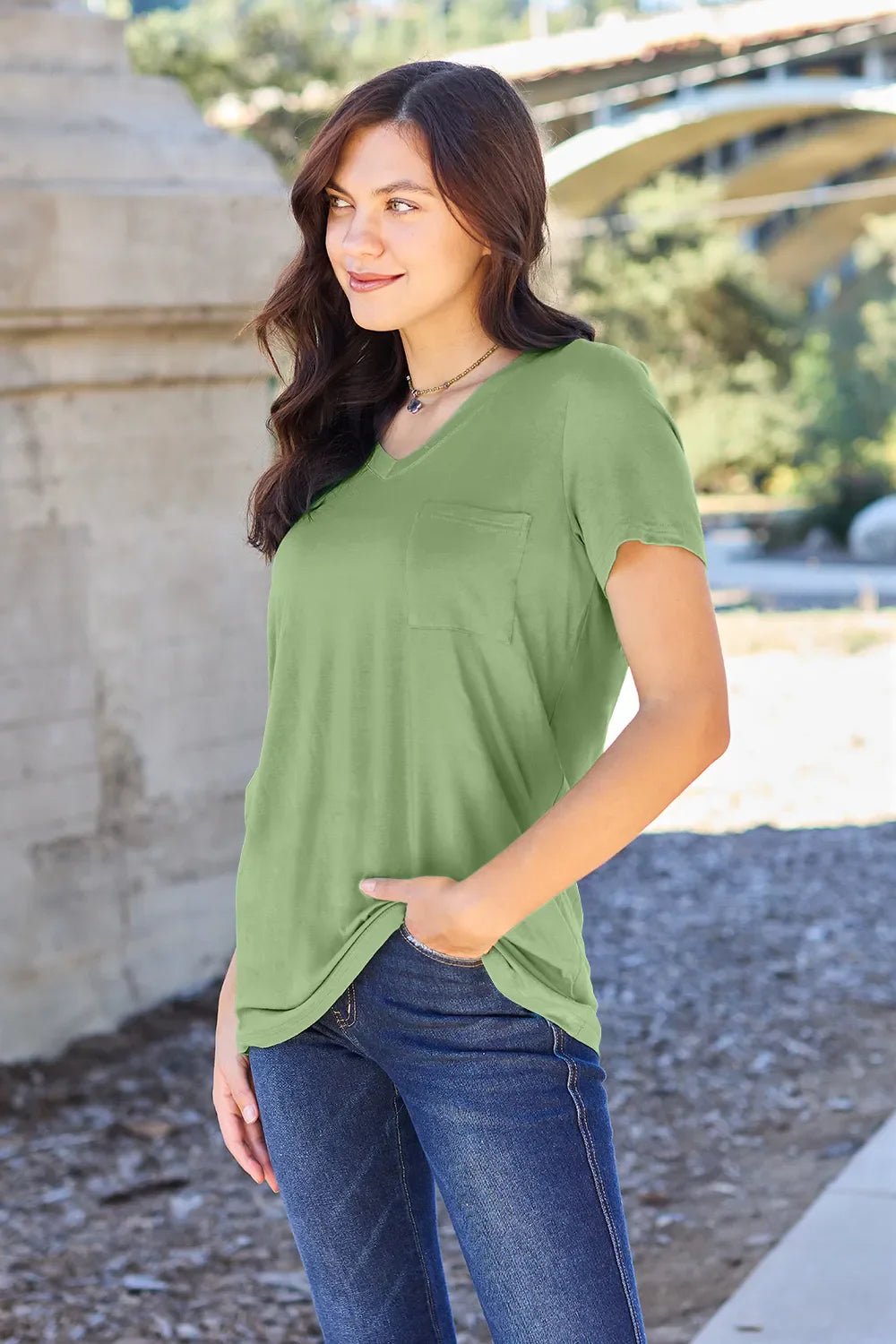 Basic Bae Bamboo Full Size V - Neck Short Sleeve T-Shirt – Matcha Green by Simply Love