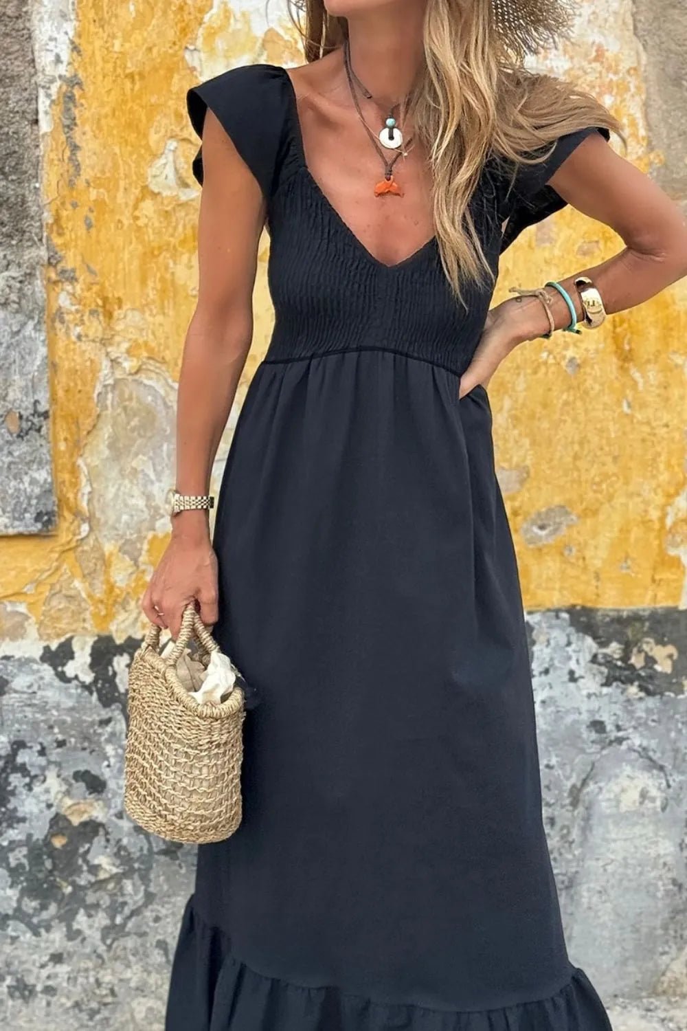 V Neck Ruffled Cap Sleeve Smocked Maxi Dress – Black by Simply Love
