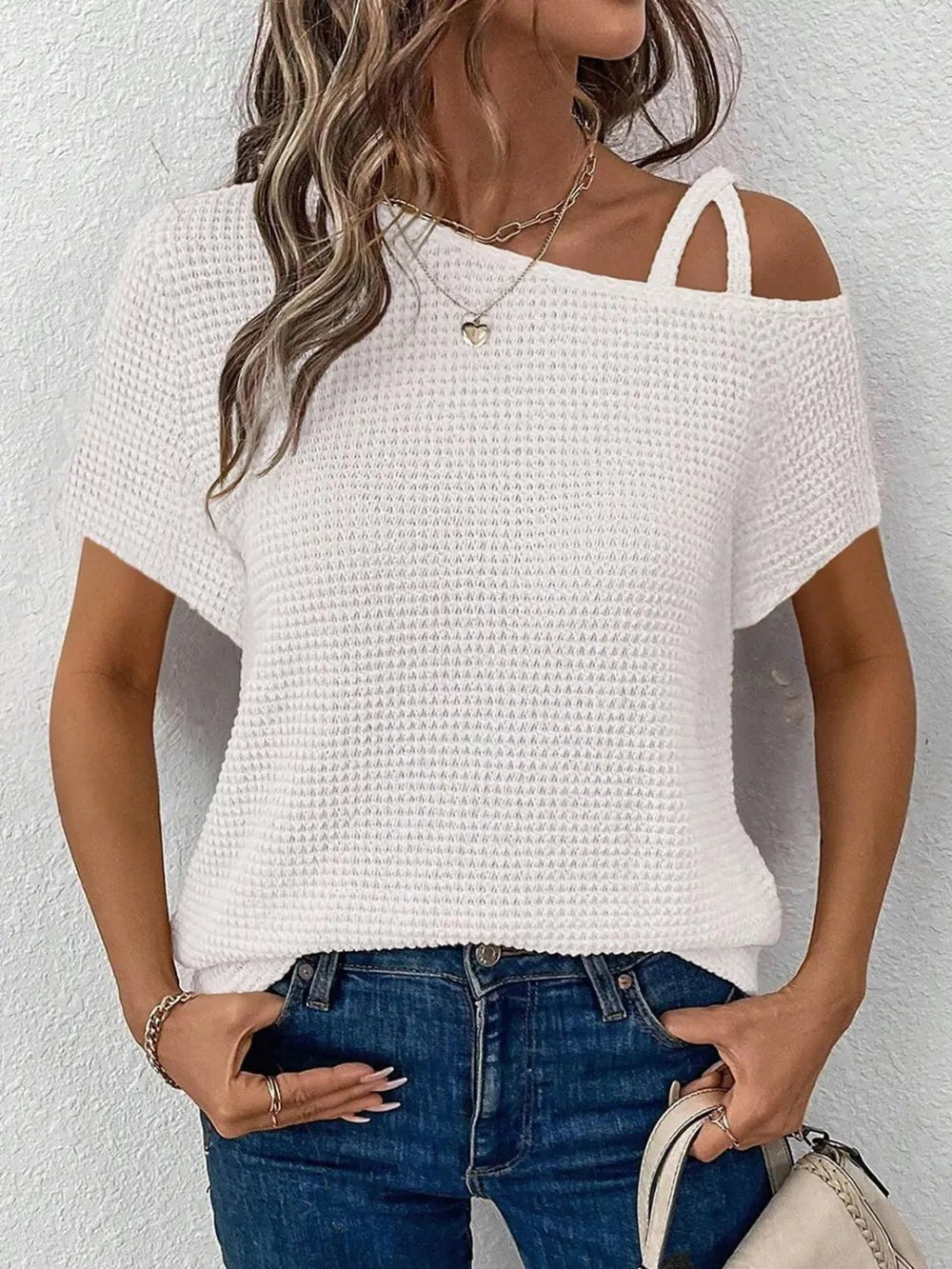 Asymmetrical Neck Short Sleeve T-Shirt – White by Simply Love