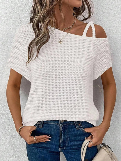 Asymmetrical Neck Short Sleeve T-Shirt – White by Simply Love