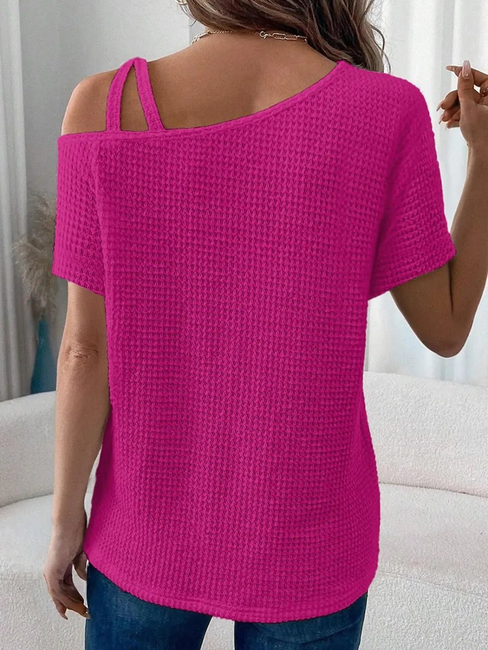 Asymmetrical Neck Short Sleeve T-Shirt – Hot Pink by Simply Love