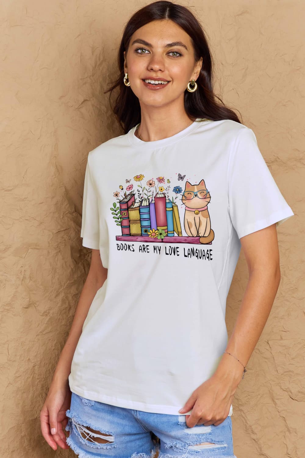 Simply Love Full Size BOOKS ARE MY LOVE LANGUAGE Graphic Cotton Tee – Deep Rose by Simply Love