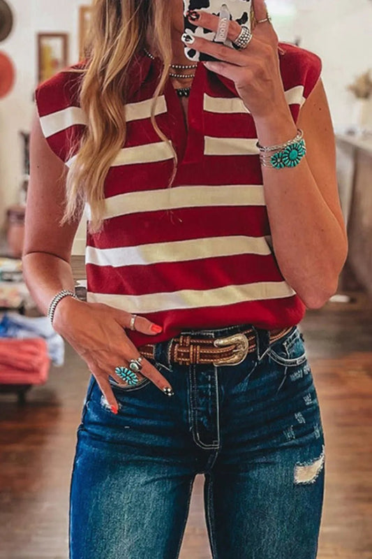 Collared Neck Striped Sweater Vest – Deep Red by Simply Love