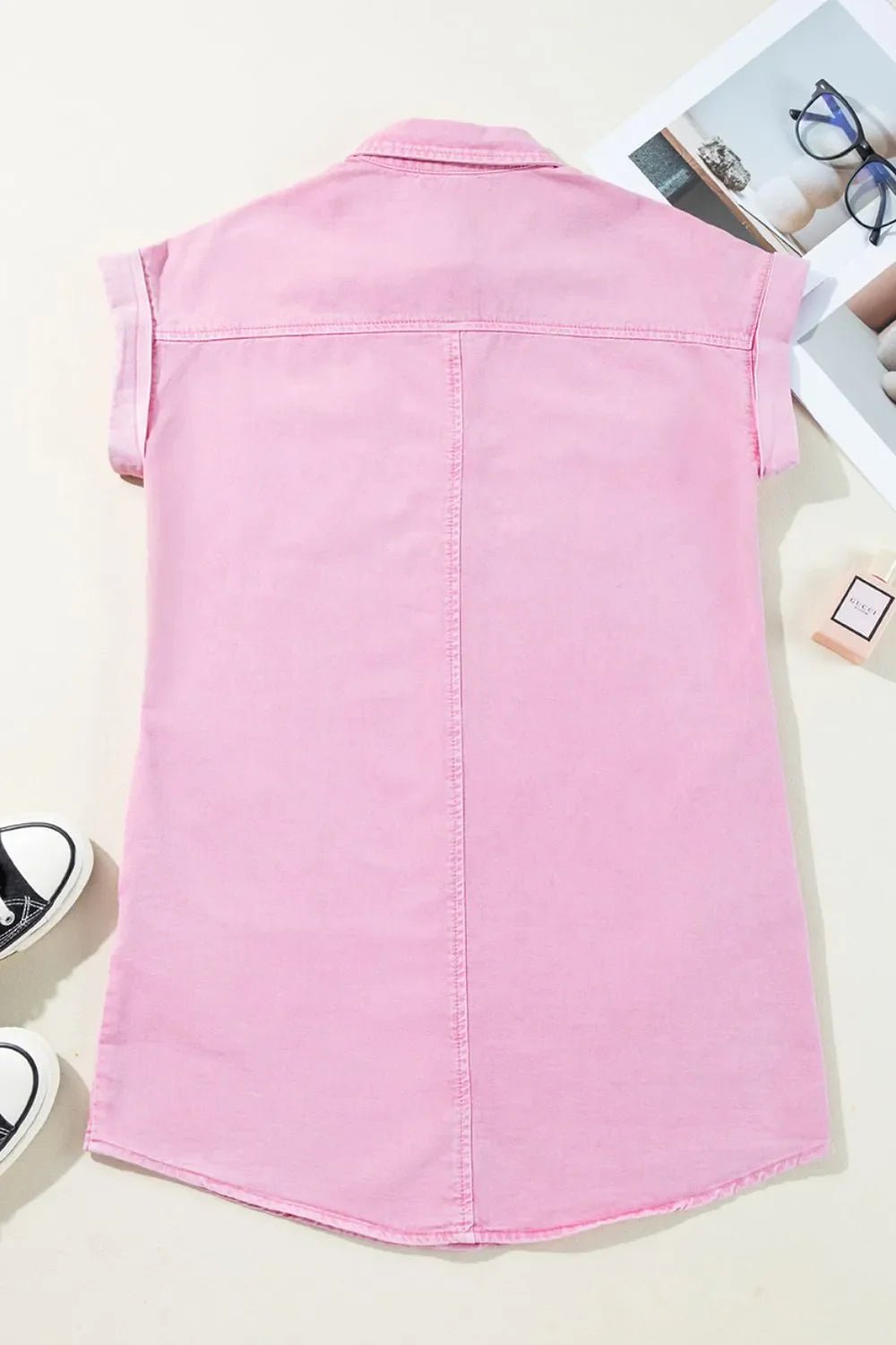 Button Down Short Sleeve Denim Dress – Blush Pink by Simply Love
