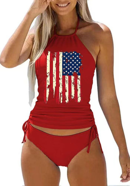 Women's USA Flag Halterneck Swimsuit – Bold, Elegant Two-Piece Set | Summer Swimwear