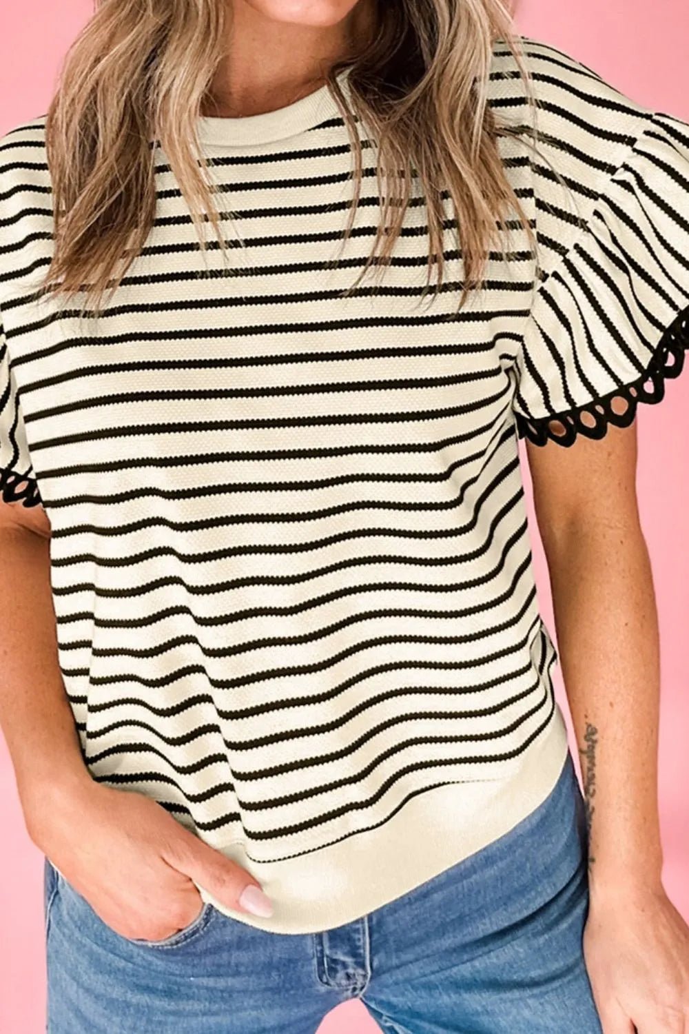 Striped Round Neck Ruffle Sleeve Blouse – Black by Simply Love