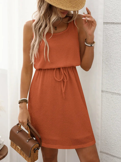 Waffle - Knit Drawstring Mini Tank Dress – Terracotta by Simply Love