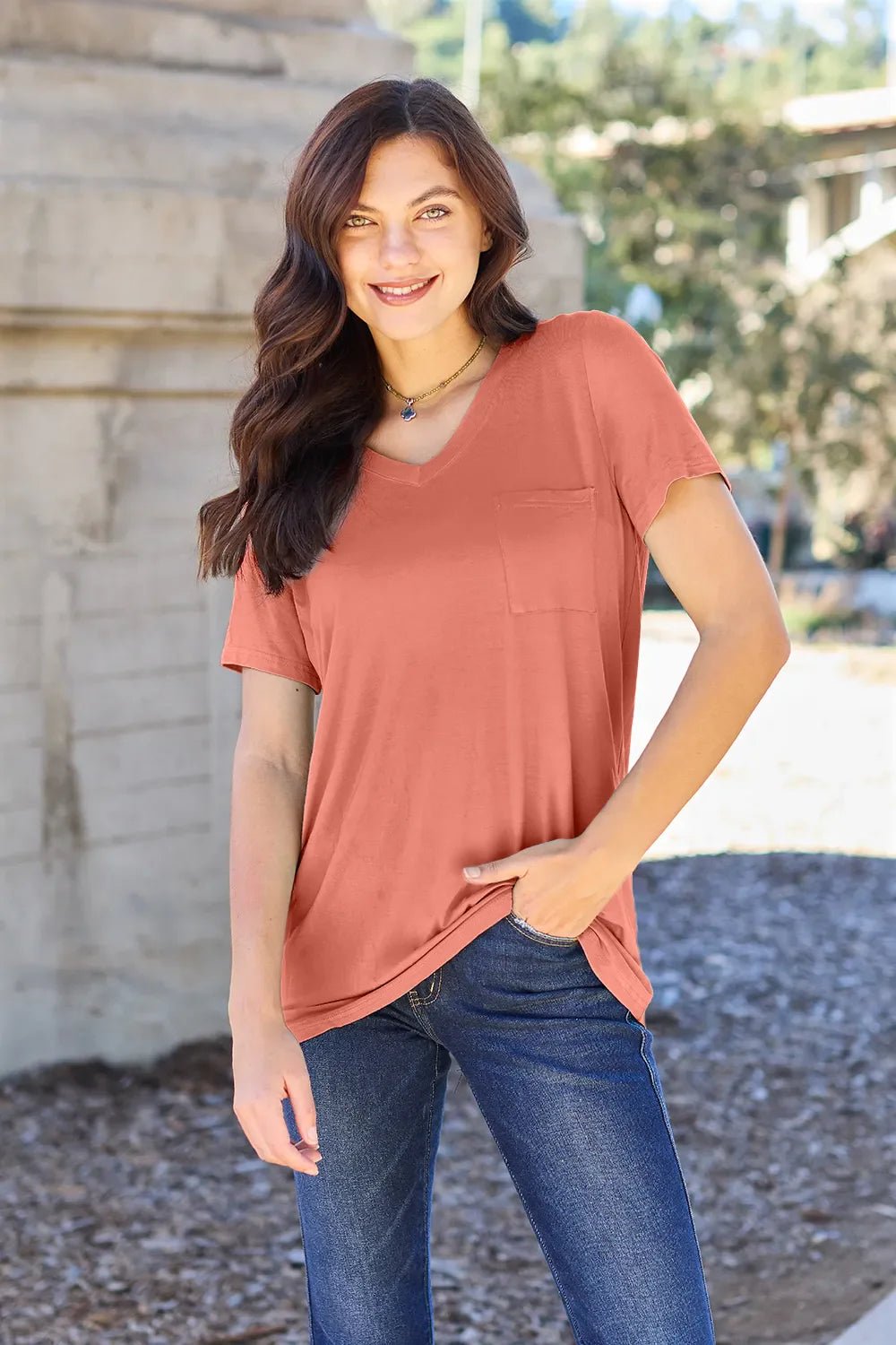 Basic Bae Bamboo Full Size V - Neck Short Sleeve T-Shirt – Watermelon pink by Simply Love