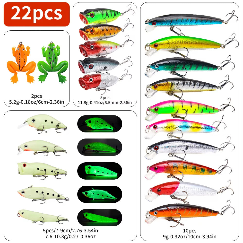 22-piece fishing lure kit with hard and soft baits for bass and trout