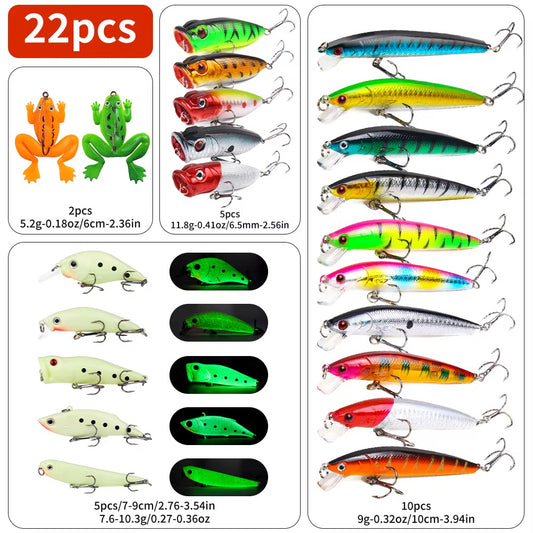 22-piece fishing lure kit with hard and soft baits for bass and trout