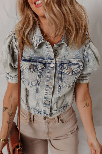 Wash Buttoned Chest Pocket Puff Sleeve Denim Jacket