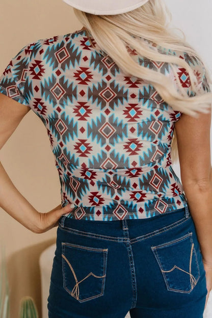 Western Aztec Print Mesh Slim T Shirt – Floral by Simply Love