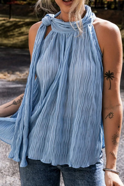 Textured Pleated Tied Mock Neck Flowy Tank Top