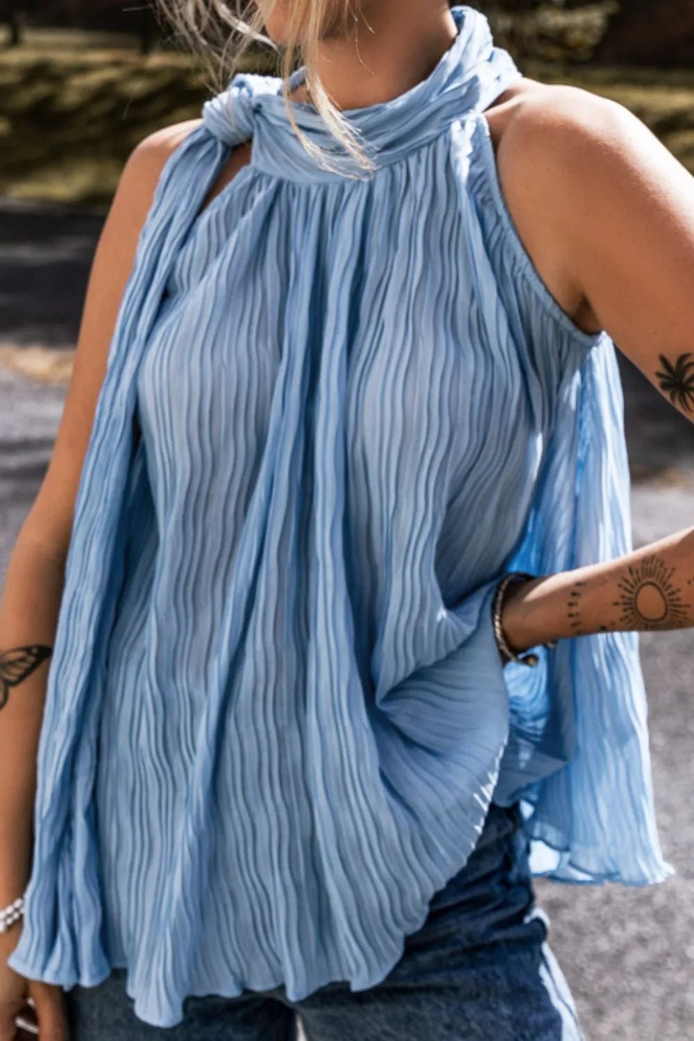 Textured Pleated Tied Mock Neck Flowy Tank Top