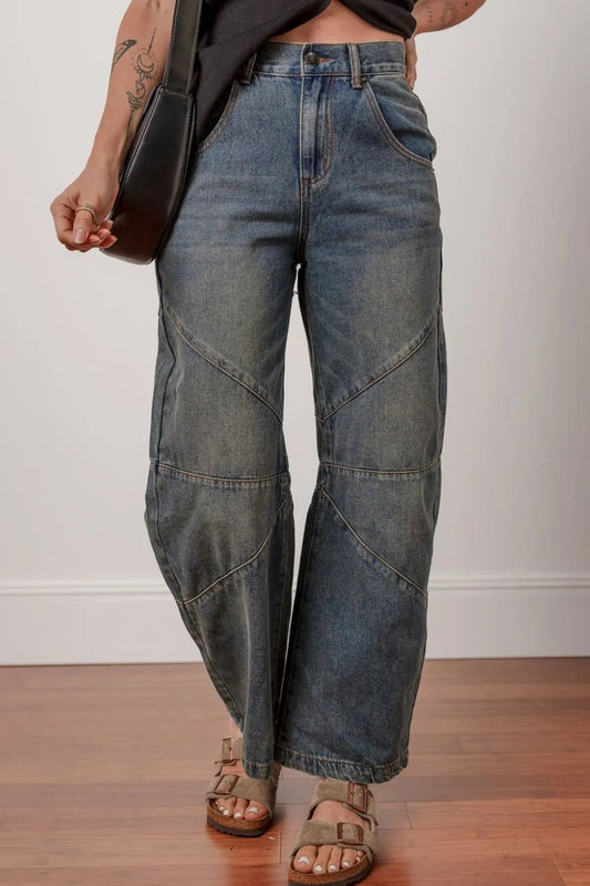 Exposed Stitching Loose Straight High Waist Jeans – Dark Navy by Simply Love